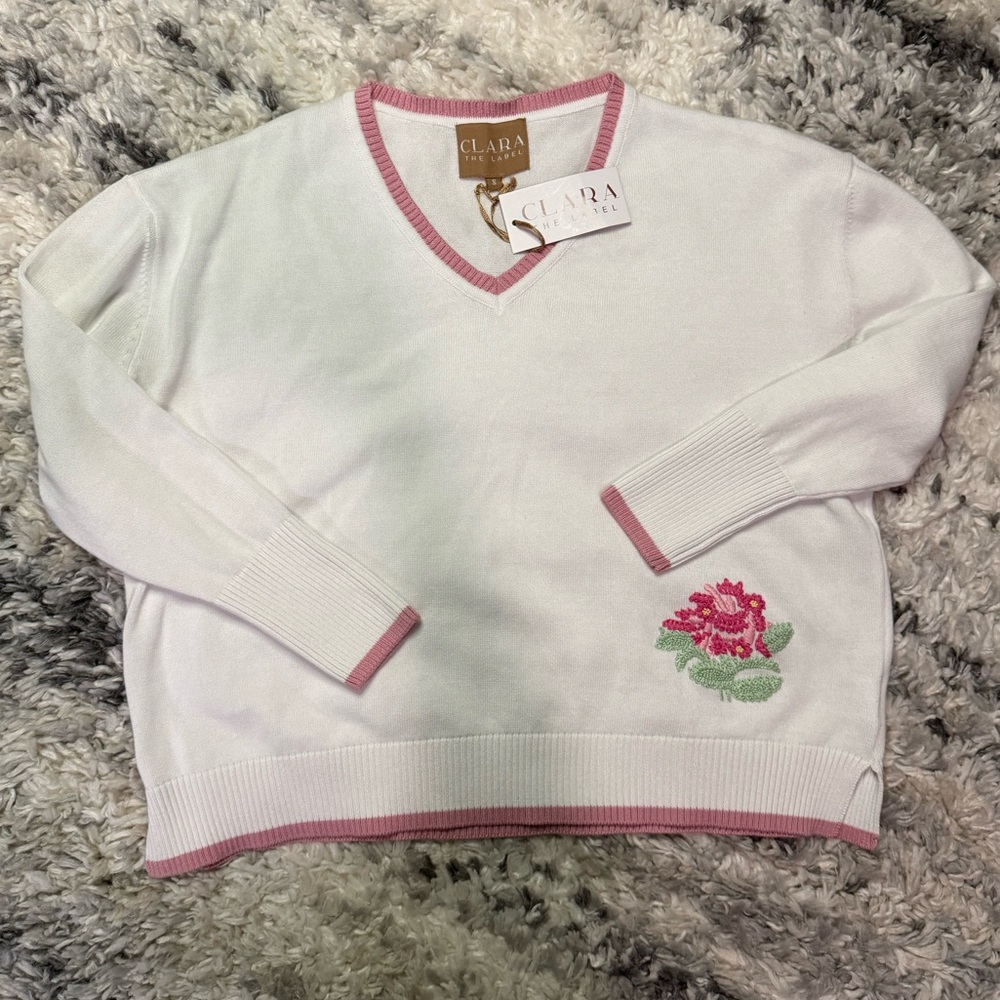 Clara The Label V-Neck Floral Embroidered Sweater Size Small NWT